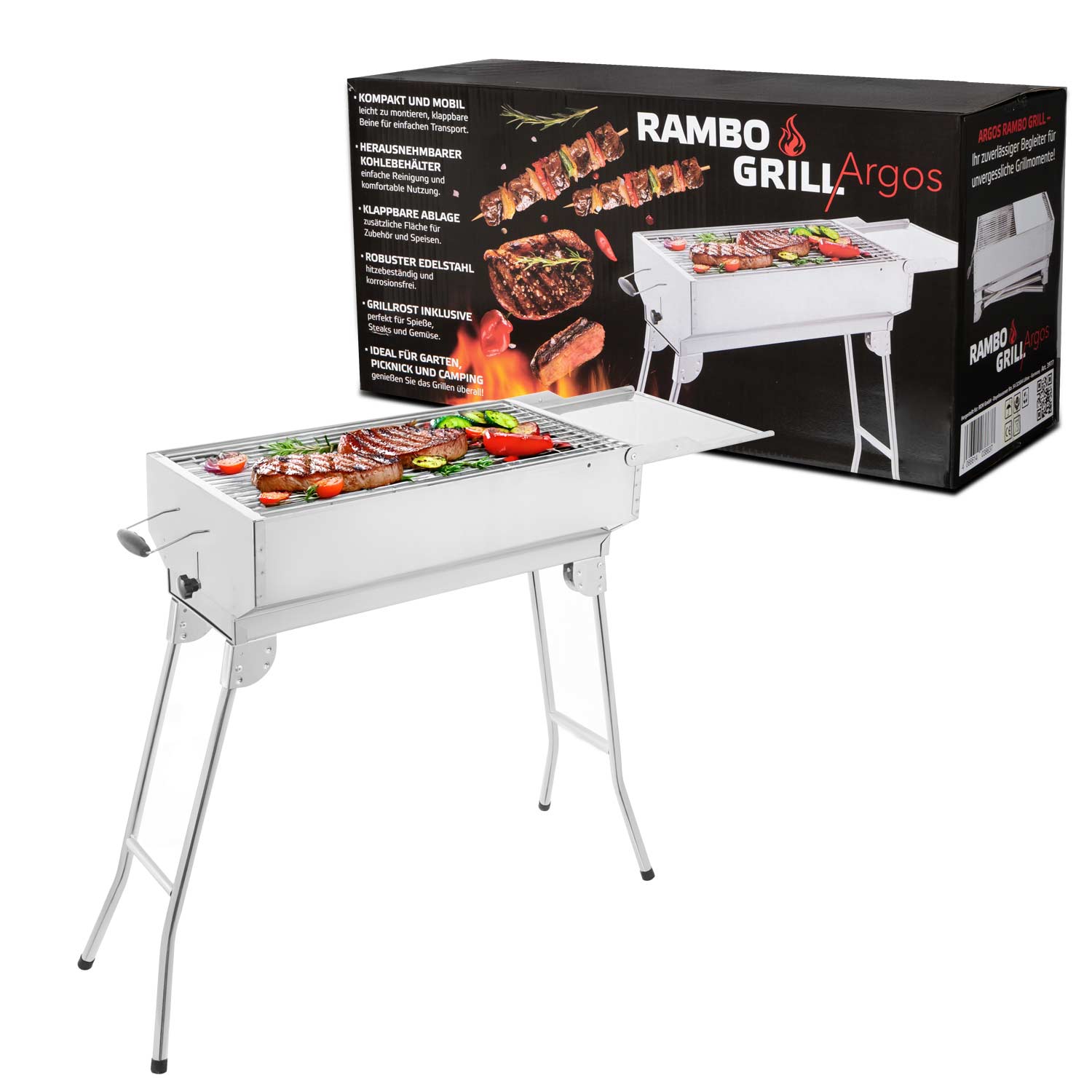 RAMBO Set: Holzkohlegrill aus Edelstahl und Grillaufsatz mit Motor